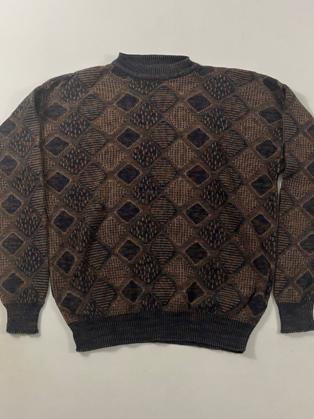 Vintage 90s Brown Black Diamond Geometric Textured Knit Coogi Style Crewneck Sw…